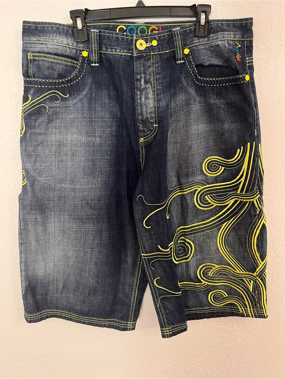 COOGI Dark Blue Denim Shorts with Yellow Embroidery